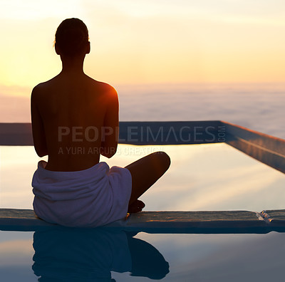 Buy stock photo Rear view, yoga and meditation of woman at sunset by swimming pool for healthy body, wellness and zen outdoor on mockup space. Back, mindfulness or person by water at twilight to relax, peace or calm