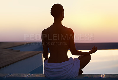 Buy stock photo Back, yoga and woman meditate at sunset by swimming pool for healthy body, wellness and zen outdoor on mockup space. Rear view, lotus pose and silhouette of person at twilight to relax, peace or calm