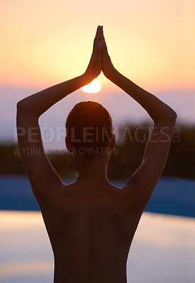 Buy stock photo Tree, yoga and woman meditate at sunset by swimming pool for healthy body, wellness and zen outdoor. Rear view, vrikshasana pose and person at water at twilight to relax, peace or calm for balance