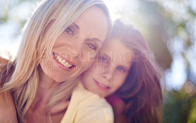 Buy stock photo Mother, girl child and portrait outdoor with happiness for bonding, support or hug on holiday in nature. Family, woman and daughter with face, smile or embrace on vacation, travel and love with bokeh
