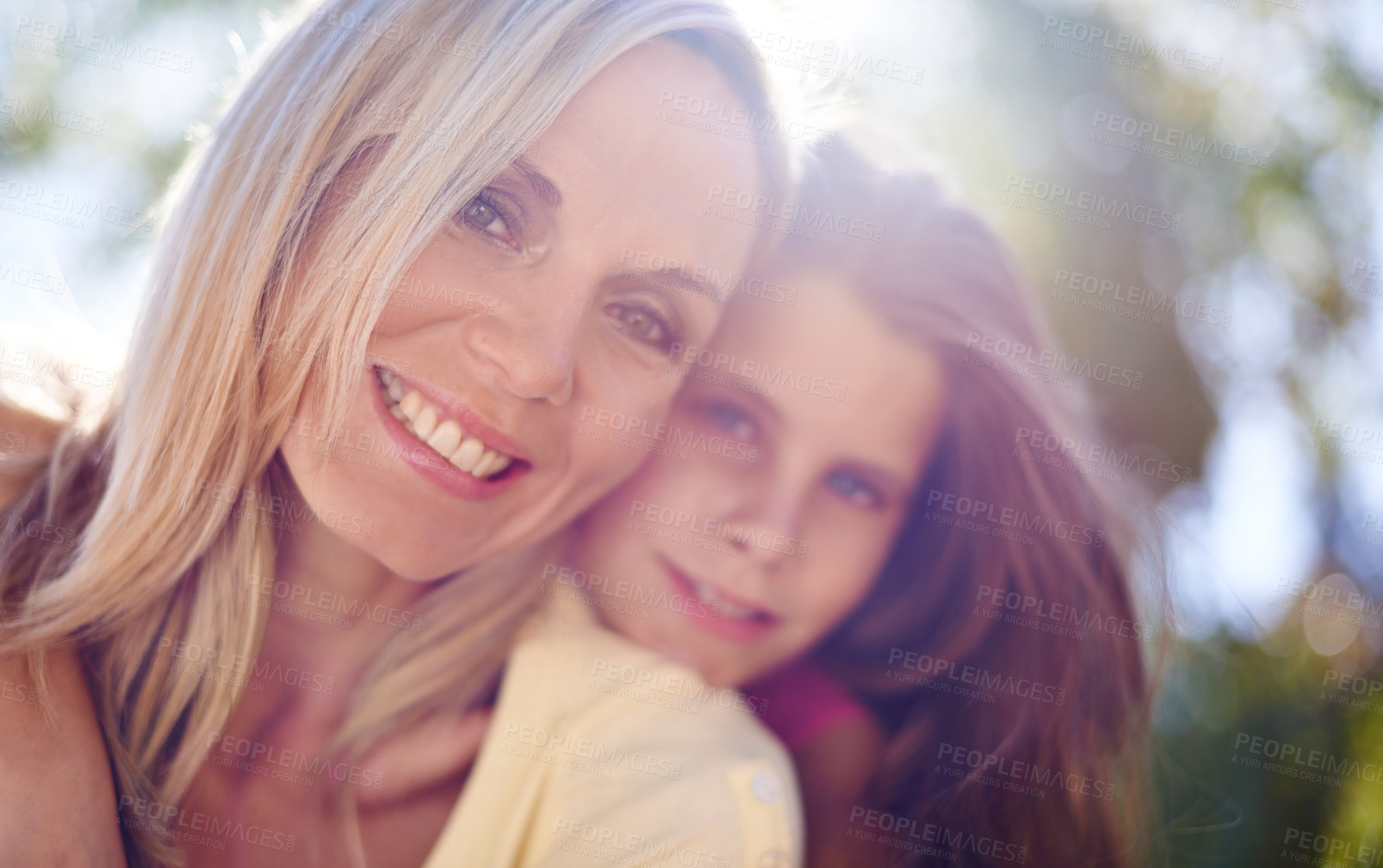 Buy stock photo Mother, girl child and portrait outdoor with happiness for bonding, support or hug on holiday in nature. Family, woman and daughter with face, smile or embrace on vacation, travel and love with bokeh