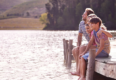 Buy stock photo Happy family, lake and nature for vacation, holiday and travel in cape town, countryside and dock. Father, mom and children with water, forest and summer for happiness, together and barefoot