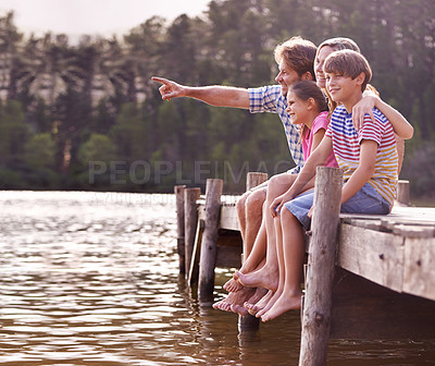 Buy stock photo Happy family, lake and nature for travel, holiday and vacation in cape town, countryside and dock. Father, mom and children with water, forest and summer for happiness, together and barefoot