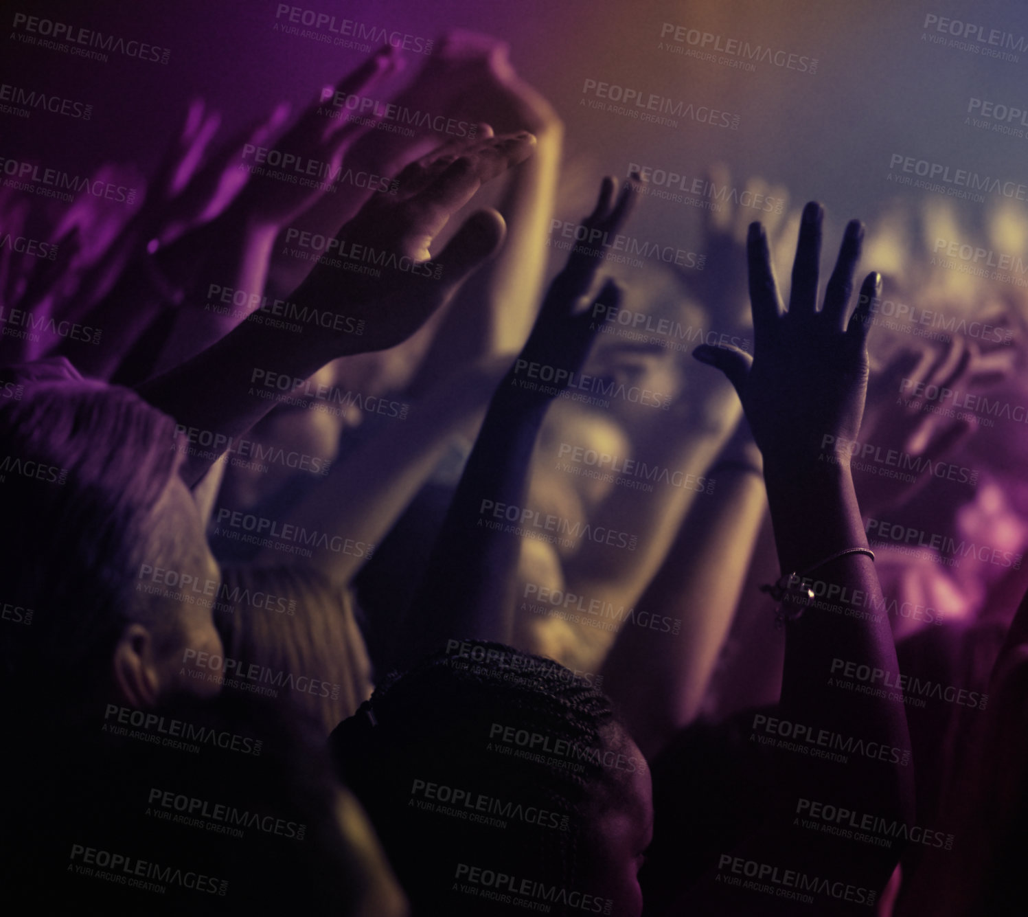 Buy stock photo Hands, lights and people at rock concert or music festival with neon lighting, energy and dancing at live event. Dance, fun and group of excited fans in arena at band performance or crowd at party.