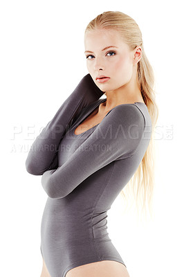 Buy stock photo Fashion, portrait and woman in leotard in studio for creative, art and ballet dancing entertainment. Confidence, beauty and serious female dancer in body suit for ballerina style by white background.