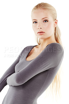 Buy stock photo Serious, portrait and woman in leotard in studio for creative, art and ballet dancing entertainment. Confidence, beauty and female dancer in body suit for ballerina fashion by white background.