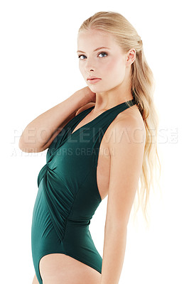 Buy stock photo Portrait, fashion and woman in bodysuit on studio, white background and mockup for ballet. Confidence, pride and dancer in leotard for costume with underwear, beauty and style of ballerina aesthetic