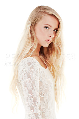 Buy stock photo Serious, woman and portrait with beauty from makeup, skincare or dermatology in white background. Studio, model and girl with cosmetics on skin or hair for natural glow with confidence and pride