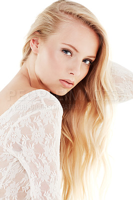 Buy stock photo Portrait of a beautiful young woman in a white dress