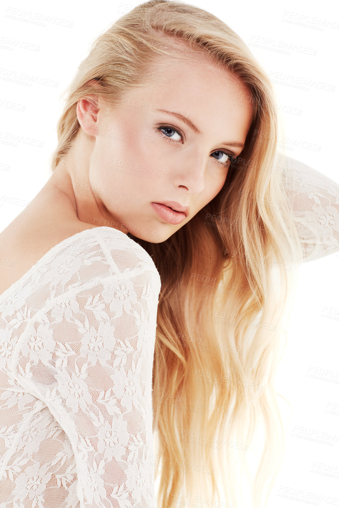 Buy stock photo Portrait of a beautiful young woman in a white dress