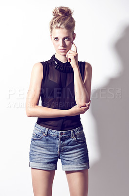 Buy stock photo Woman, thinking and fashion in studio for beauty, ideas or focus for memory by white background. Girl, mindset and trendy clothes with edgy style, remember and decision for solution, choice or vision