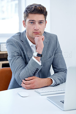 Buy stock photo Portrait, thinking and business with man, laptop and confident guy in a workplace and accountant. Face, person or broker with computer or internet with opportunity and problem solving with connection