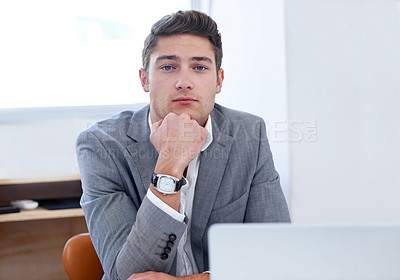 Buy stock photo Portrait, thinking and business with man, professional and confident guy in a workplace and accountant. Face, person or broker with a laptop or ideas with opportunity and problem solving with project