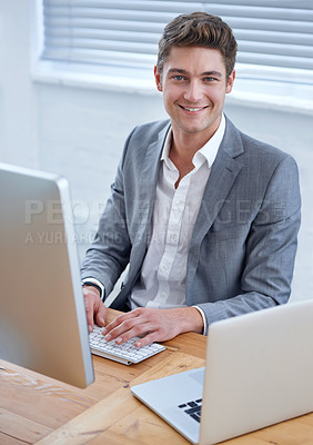 Buy stock photo Portrait, business and man with a computer, smile and connection with accountant and broker. Face, person and employee with a laptop and investment with trading and financial blog with technology