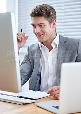 Buy stock photo Businessman, computer and notebook with office, workspace and technology for work. Employee, corporate and desktop by laptop for accounting, business and success with paper for planning or portfolio