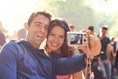 Buy stock photo Happy, selfie and couple outdoor, event and happiness with joy, bonding and quality time. Partners, man and woman with digital camera, picture or memory with joy, outside and relax with smile or care