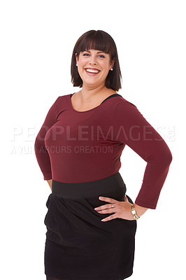 Buy stock photo Style, smile and portrait of woman in studio with stylish, casual and trendy outfit and makeup. Happy, confident and plus size female person with classy fashion and cosmetic face by white background.