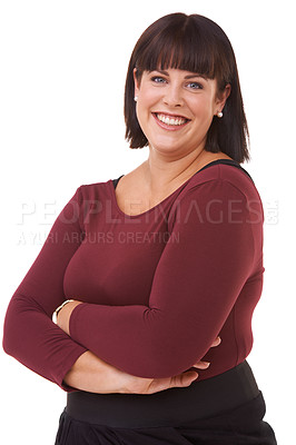 Buy stock photo Happy woman, portrait and brunette standing in confidence with arms crossed in fashion on a white studio background. Face of confident female person or plus size model with smile for career or job