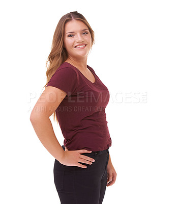 Buy stock photo Fashion, beautiful and portrait of woman in studio with stylish, casual and trendy outfit and makeup. Smile, confident and happy female person with simple style and cosmetic face by white background.