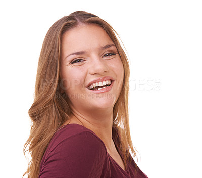 Buy stock photo Portrait, hair care or redhead in studio with happy woman for cosmetics isolated on white background. Model, transformation or proud person in Ireland with smile for treatment or beauty results