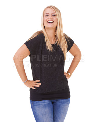 Buy stock photo Portrait, hands on hips and woman with a smile, funny and fashion isolated on white studio background. Person, happiness and mockup space with humor and model with casual outfit and laughing with joy
