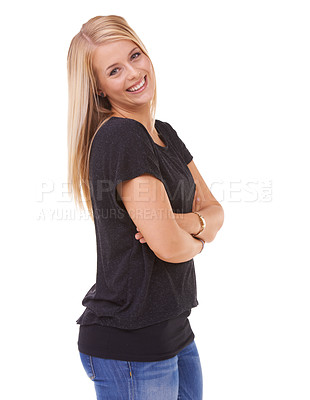 Buy stock photo Happy, portrait and woman with arms crossed and fashion in studio, white background or mockup. Casual, style and college student smile with confidence and pride in trendy outfit with denim jeans