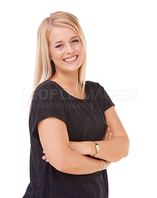 Buy stock photo Happy, portrait and woman with fashion and arms crossed in studio, white background or mockup. Casual, style and college student smile with confidence and pride in trendy outfit with denim jeans