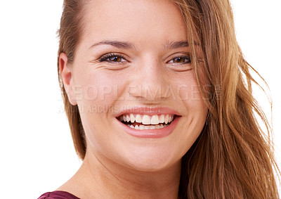 Buy stock photo Portrait, skincare glow or woman laughing with smile or beauty isolated on white background. Happy model, transformation or person in Ireland, studio or salon for hair shine or natural face results