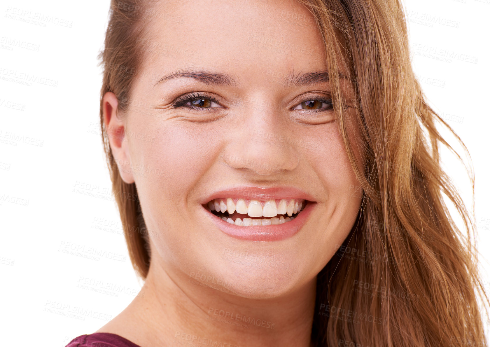 Buy stock photo Portrait, skincare glow or woman laughing with smile or beauty isolated on white background. Happy model, transformation or person in Ireland, studio or salon for hair shine or natural face results