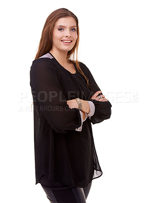 Buy stock photo Happy woman, portrait and confidence of brunette standing with arms crossed in fashion on a white studio background. Face of confidence female person or model with smile or posing on mockup space