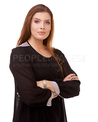 Buy stock photo Woman, portrait and confidence of brunette standing with arms crossed in fashion on a white studio background. Face of confident female person or young model posing for career or job on mockup space