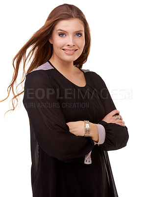 Buy stock photo Happy woman, portrait and brunette with arms crossed in confidence for fashion or style on a white studio background. Face of confident female person or model with smile or posing on mockup space