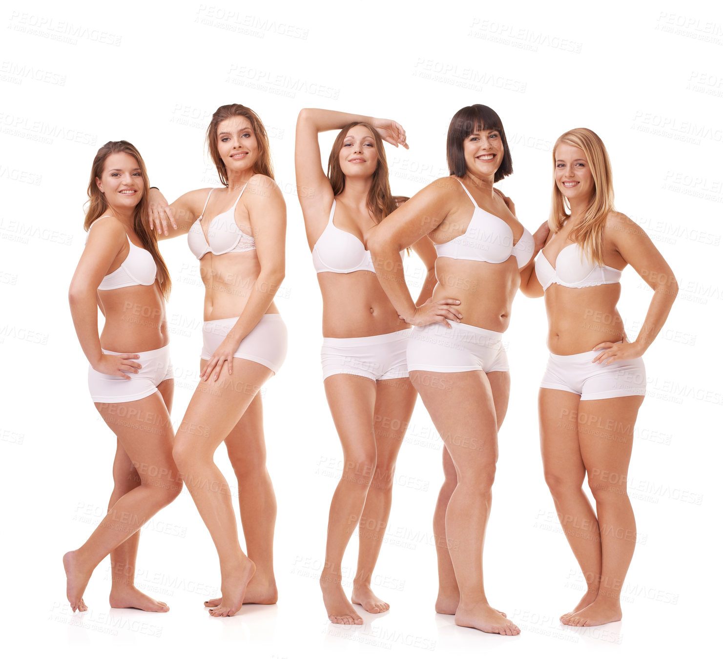 Buy stock photo A group of women with different body shapes standing together in their underwear while isolated on white