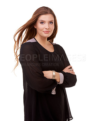 Buy stock photo Portrait, business and woman with arms crossed, confident and model isolated on a white studio background. Face, person and professional with startup and mockup space with employee and entrepreneur