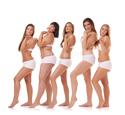 Buy stock photo Portrait, beauty and underwear with natural women in studio isolated on white background for wellness. Skincare, plus size and blow a kiss with model group together for body positive support