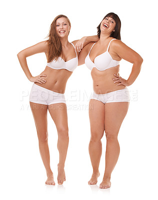 Buy stock photo Portrait, body and underwear with woman friends in studio isolated on white background for natural wellness. Smile, funny or laughing with happy plus size models looking proud of weight loss