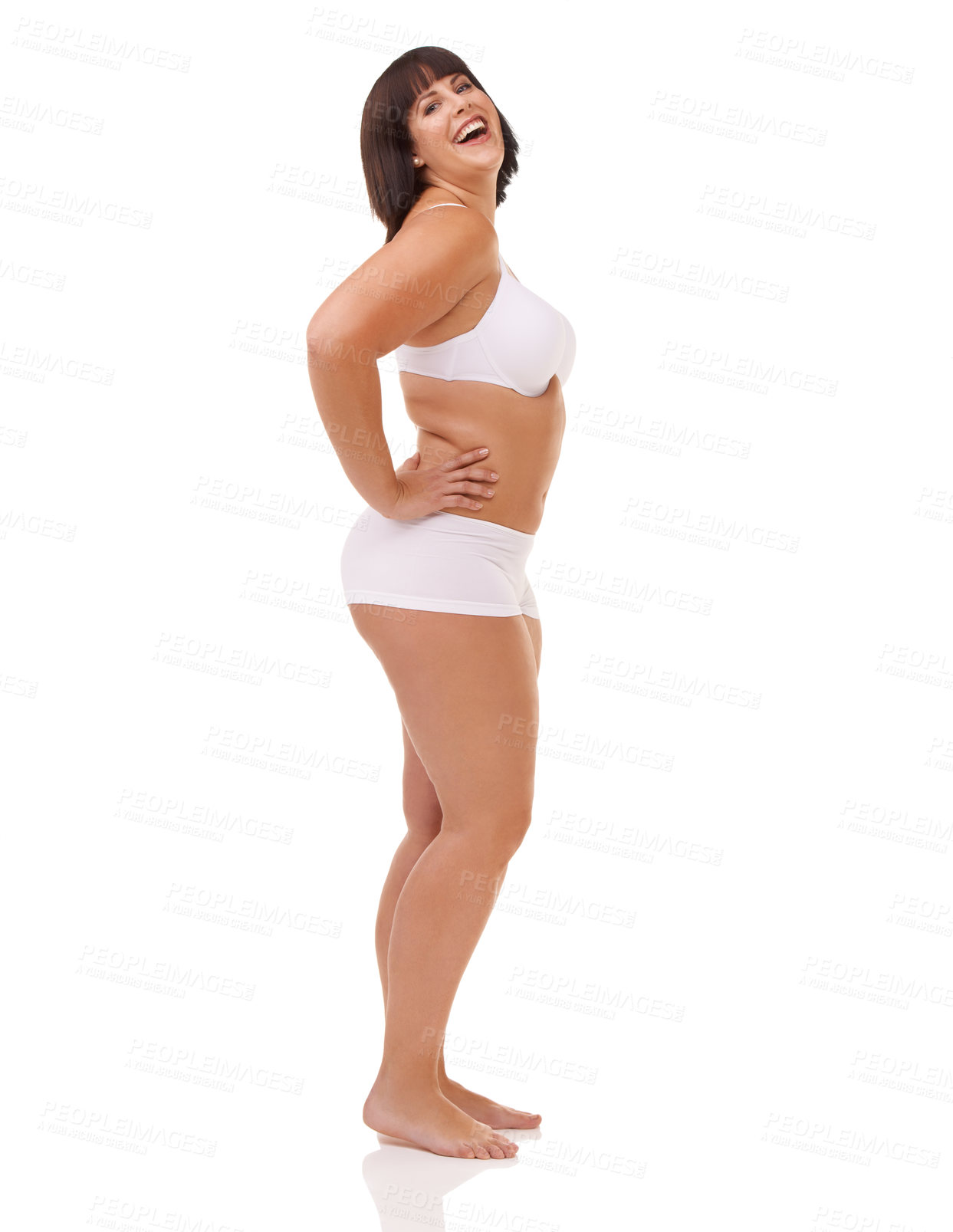 Buy stock photo Portrait, beauty and laughing with body positive woman in studio isolated on white background for vitality. Smile, funny or natural and confident young plus size model with positive health attitude