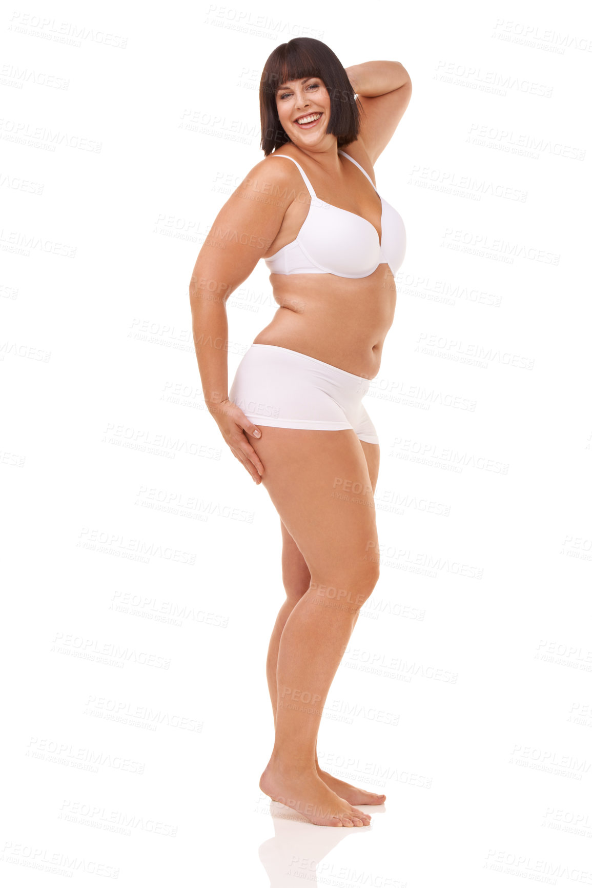 Buy stock photo Full length studio shot of a young model in underwear isolated on white