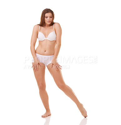 Buy stock photo Body, underwear and woman with fitness, beauty and model isolated on a white studio background. Lingerie, curvy and girl with confidence and mockup space with health and wellness with 