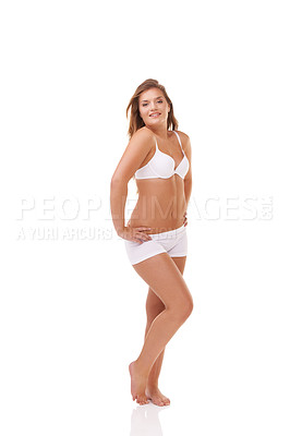 Buy stock photo Full length studio shot of a curvy young model in underwear isolated on white