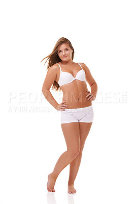 Buy stock photo Full length studio shot of a curvy young model in underwear isolated on white