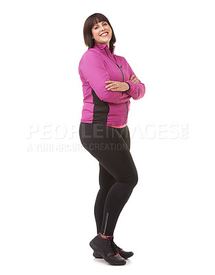 Buy stock photo Portrait, fashion and arms crossed with plus size woman in studio isolated on white background for style. Fitness, health and body positive with happy young model in comfortable clothes outfit