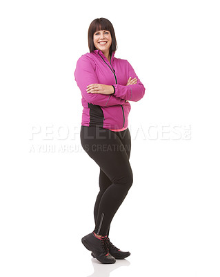 Buy stock photo Full length shot of a plus size model in exercise clothes isolated on white