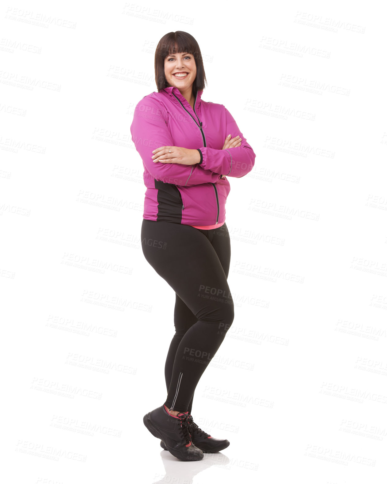 Buy stock photo Full length shot of a plus size model in exercise clothes isolated on white