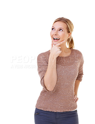Buy stock photo Smile, space and thinking with natural woman in studio isolated on white background for contemplation. Vision, future and planning with happy young person on mockup for inspiration or opportunity