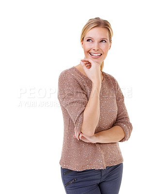 Buy stock photo Woman, thinking and remember idea in studio, white background and planning mock up. Creative, solution and person with decision, choice or reminder of memory with information from faq with happiness