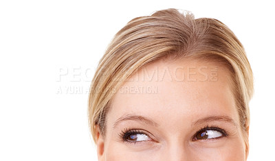 Buy stock photo Caucasian women, cropped and white background of face, eyes and hair for hair dye commercial or microblading. Female person, studio and head for mockup, space and beauty with idea expression