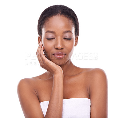 Buy stock photo Skincare, touch and beauty of black woman with eyes closed for glow isolated on a white studio background. Hands, makeup and model in cosmetics, dermatology and spa facial treatment for smooth skin