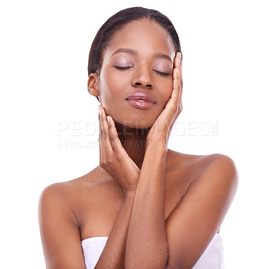 Buy stock photo Skincare, hands and face of black woman with eyes closed for beauty isolated on a white studio background. Touch, makeup and model in cosmetics, dermatology and spa facial treatment for smooth skin