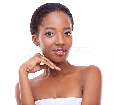 Buy stock photo Black woman, makeup and portrait in studio for beauty, glow or feminine grooming. Face, cosmetic and confidence with hand pose for wellness, skincare or treatment on isolated white background